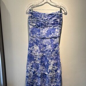 Blue and White Floral Strapless Dress